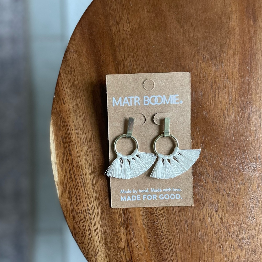 Handmade Tassel Matr Boomie Earrings | Fair Trade | Golden Brass and Cream